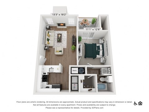 Floor plan for 1 bed, 1 bath, 670 sqft